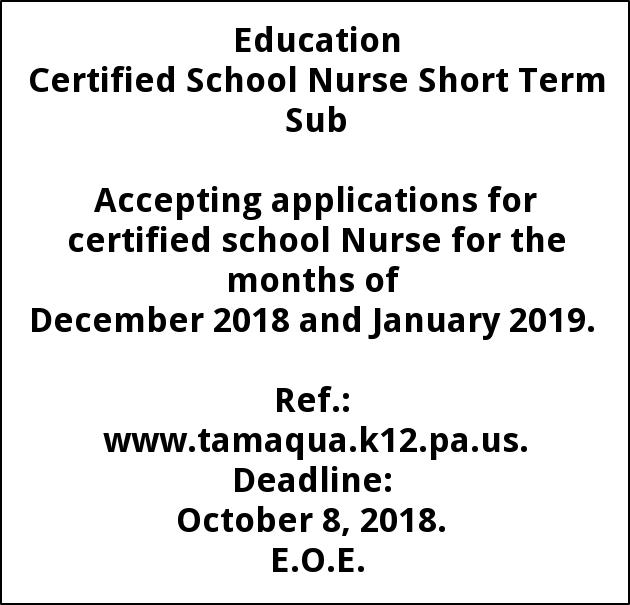 Certified School Nurse, Tamaqua Area School District, Tamaqua, PA