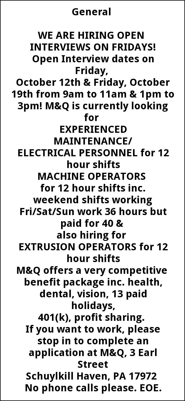 Maintenance And Electrical Personnel Machine Operators Extrusion Operators M Q Packaging Corp Schuylkill Haven Pa