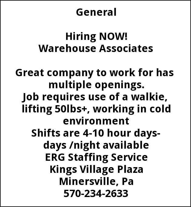 Warehouse Associates, Erg Staffing Service, Minersville, PA