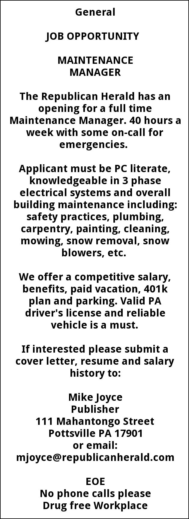 21 Maintenance Manager Cover Letter