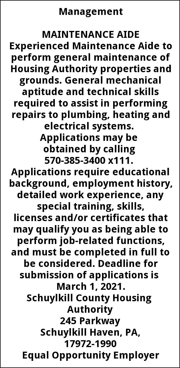 Maintenance Aide, Schuylkill County Housing Authority, Schuylkill Haven, PA