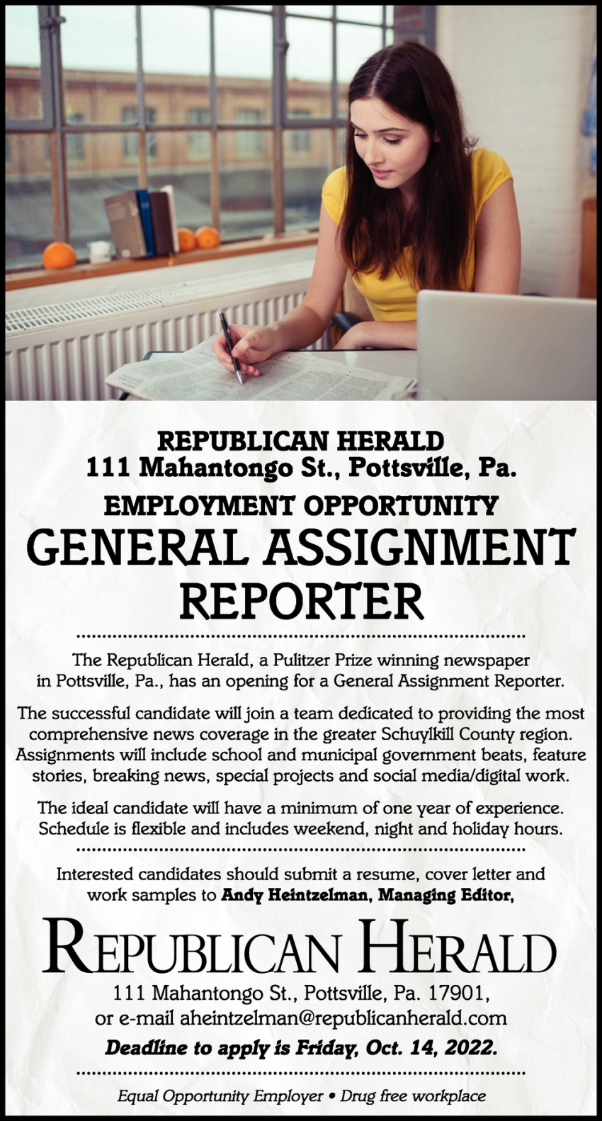 General Assignment Reporter, Republican Herald, Pottsville, PA