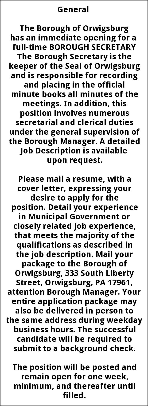 Borough Secretary, The Borough Of Orwigsburg, Orwigsburg, PA