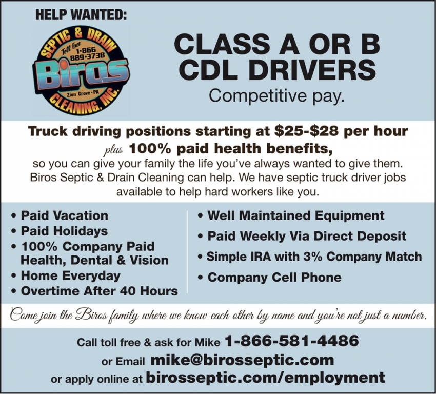 Class A Or B CDL Drivers, Biros Septic &amp; Drain Cleaning Inc.