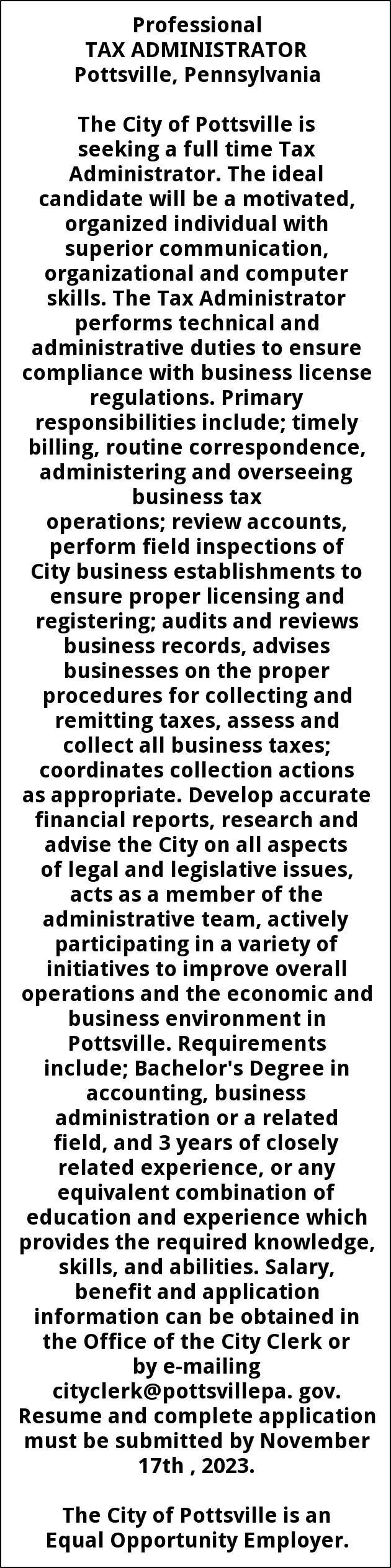 Tax Administrator, City Of Pottsville, Pottsville, PA